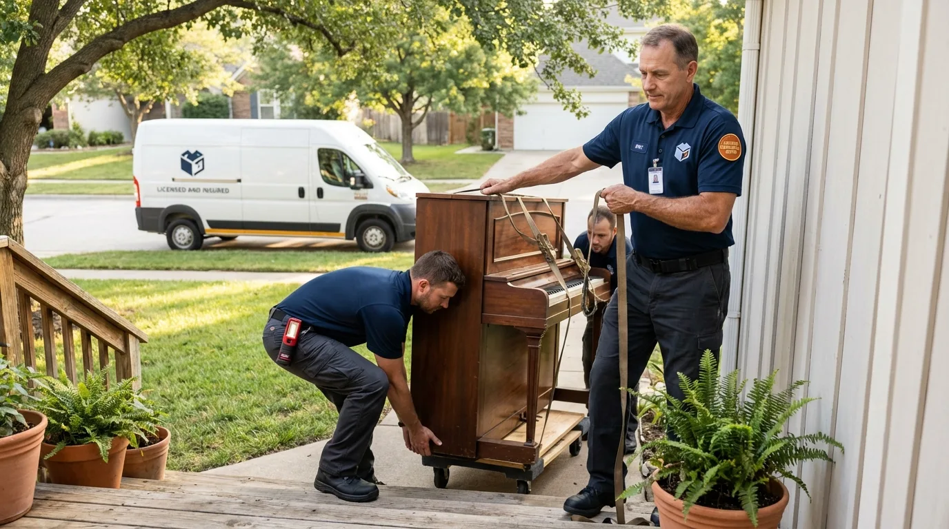 Licensed piano movers securing grand piano in Grand Ledge, MI