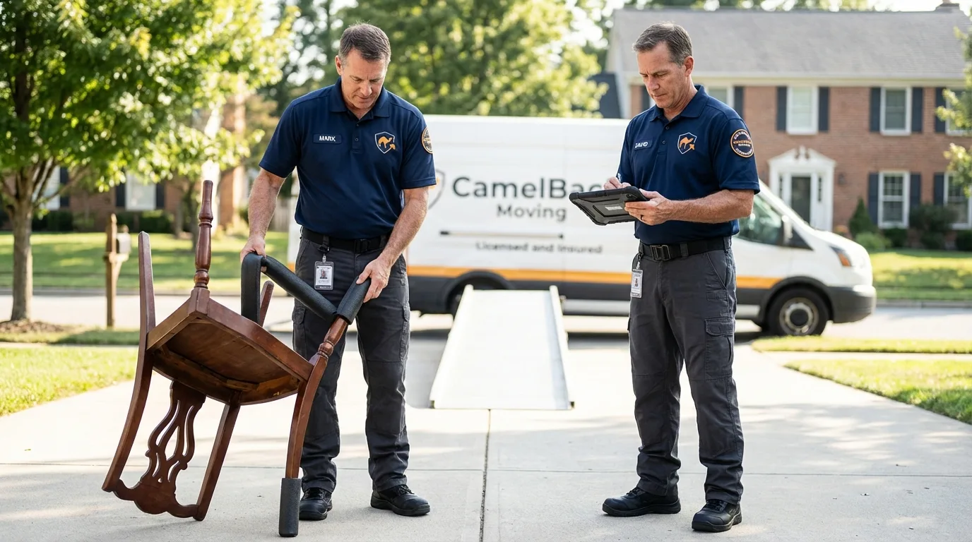 Movers inspecting furniture for damage prevention before loading in Grand Ledge, MI