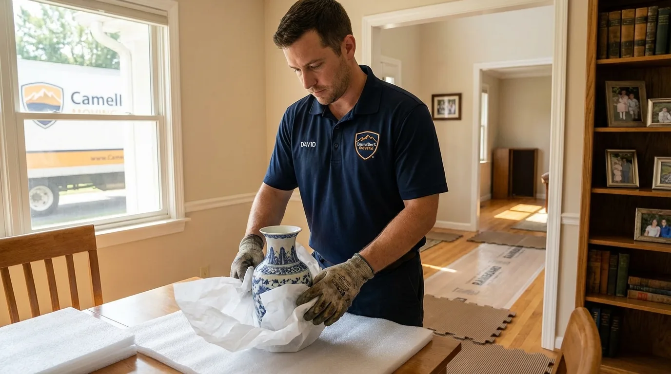 Professional crew carefully wrapping antique vase for senior downsizing move in Grand Ledge, MI